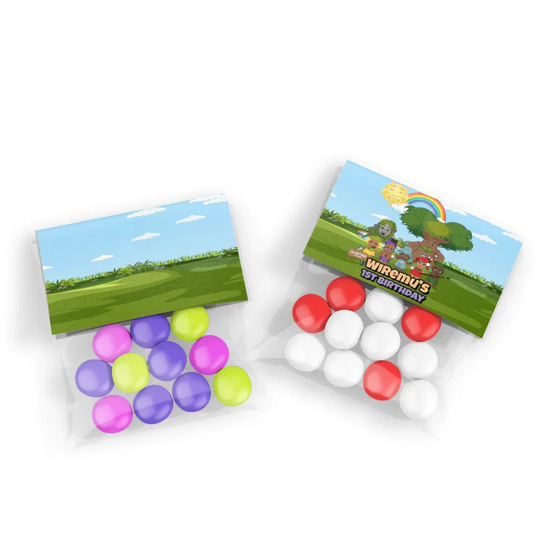 Takaro Tribe treat bag topper label with themed accents flat lay