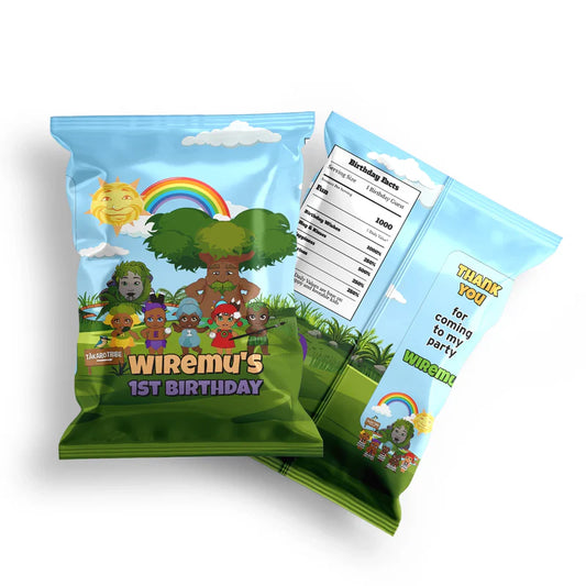 Takaro Tribe chips bag label with bright party graphics on wrapper