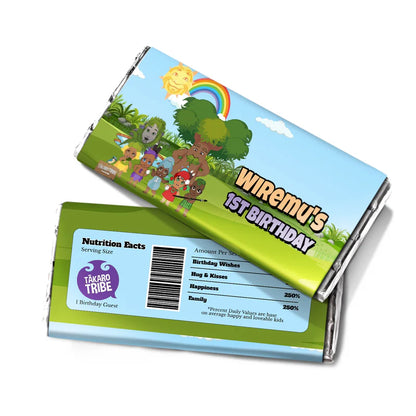 Takaro Tribe chocolate label with colorful custom design on flat lay