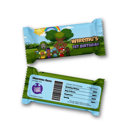 Takaro Tribe rice krispies treats and candy bar label with themed wrap