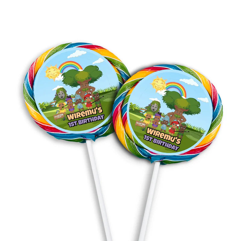 Takaro Tribe lollipop label with playful graphics and bright colors