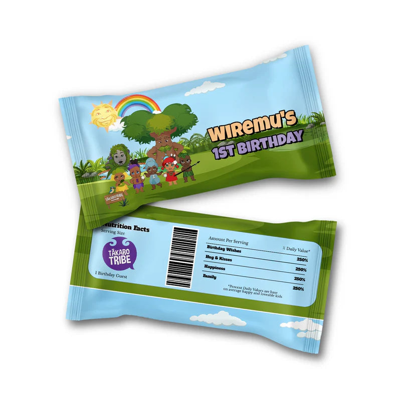 Takaro Tribe skittles label with colorful candy theme design