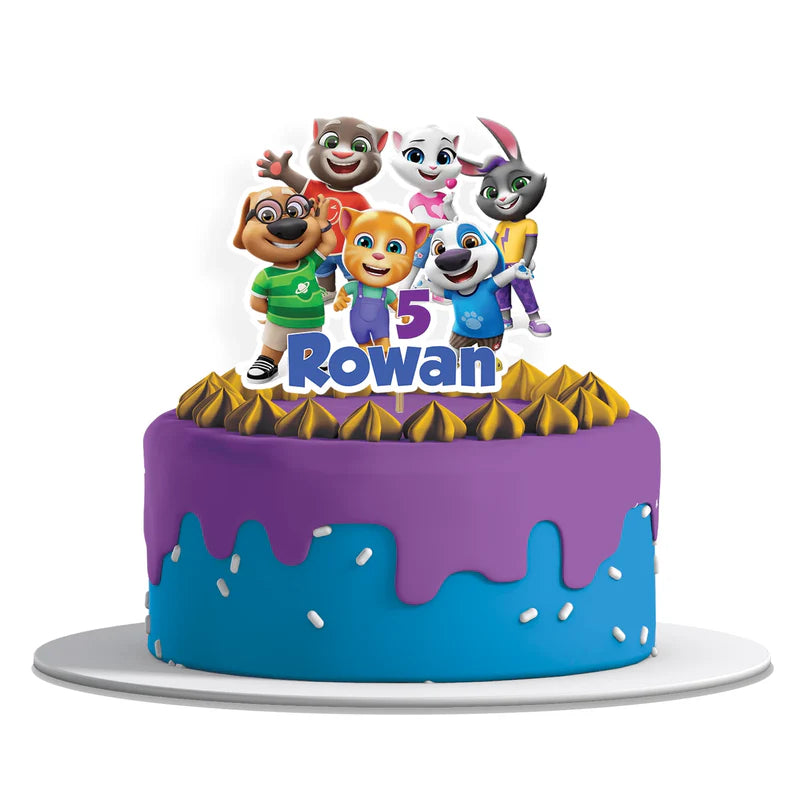 Talking Tom personalized cake toppers featuring colorful character cutouts and custom birthday age details.