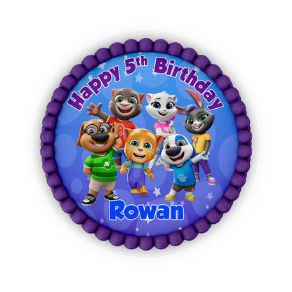 Talking Tom edible icing cake images with vibrant character portraits for custom birthday dessert decoration.