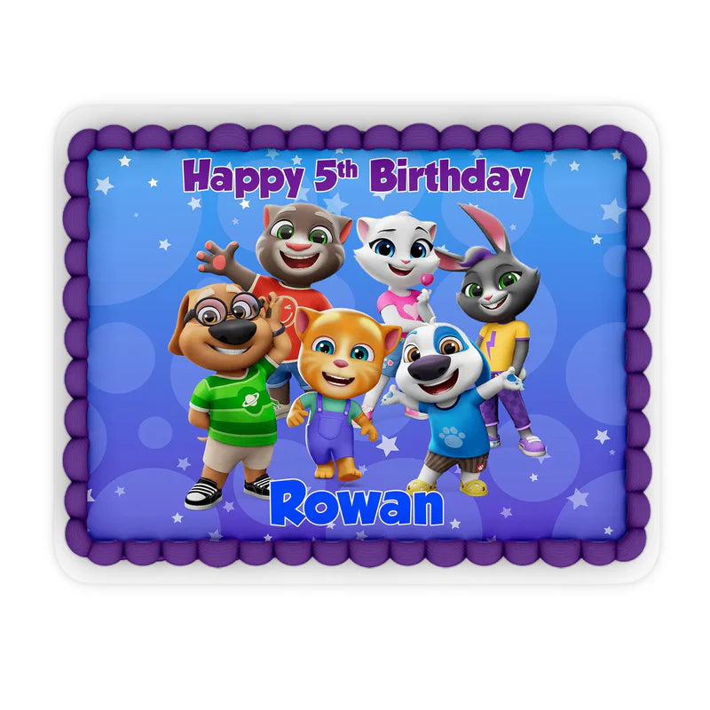 Talking Tom personalized sheet cake images with blue background and festive character group graphics.