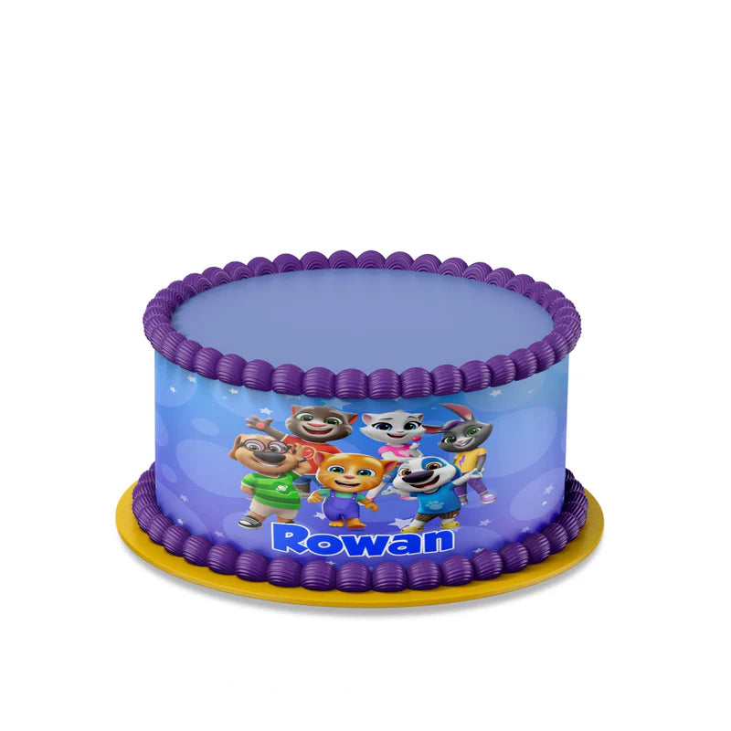 Talking Tom cake strips with bright patterns and personalized name display for birthday cake borders.