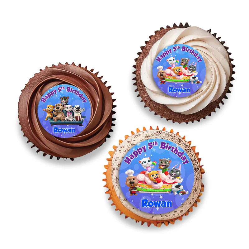 Talking Tom cupcakes toppers with small circular character portraits and custom name initials.