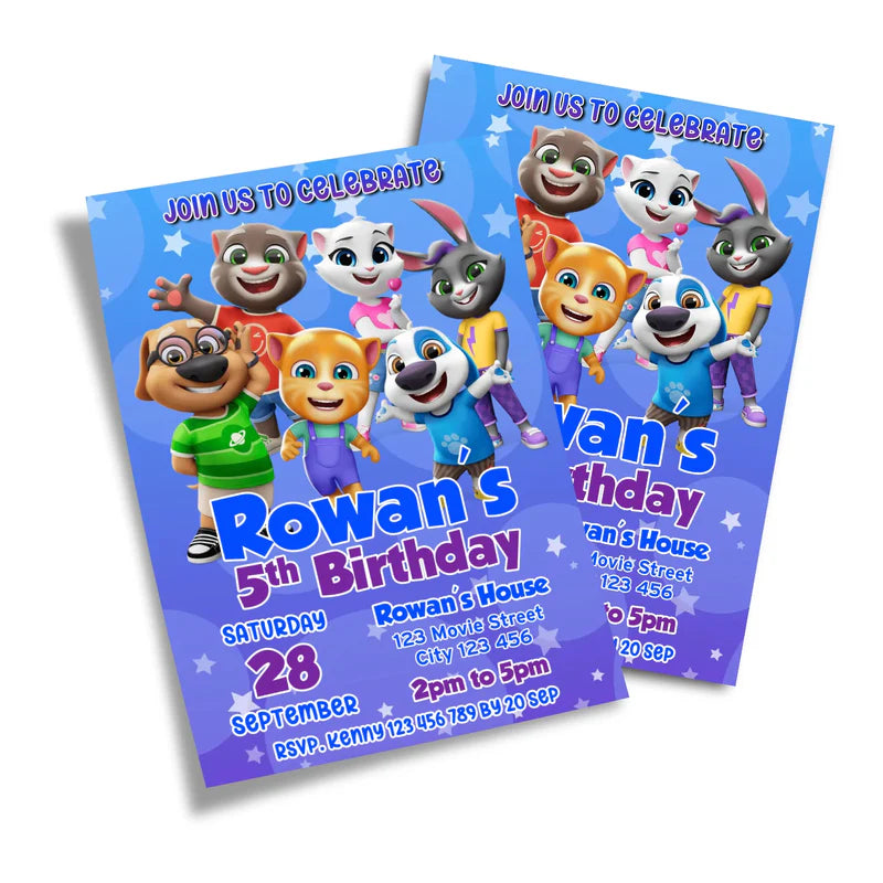 Talking Tom personalized birthday card invitations with blue theme and festive party balloons.