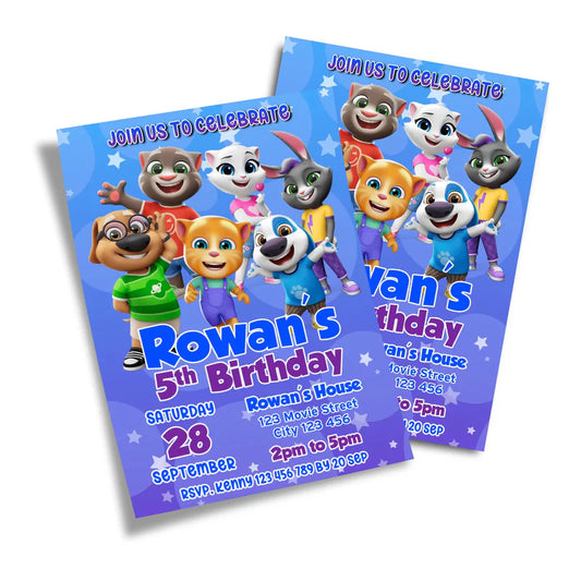Talking Tom personalized birthday card invitations with blue theme and festive party balloons.