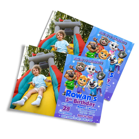 Talking Tom photo card invitations featuring custom picture upload and character border on white background.