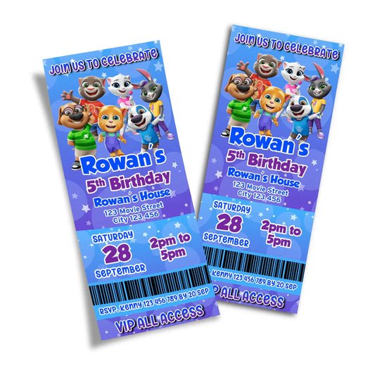 Talking Tom birthday ticket invitations with VIP pass layout and personalized event details.