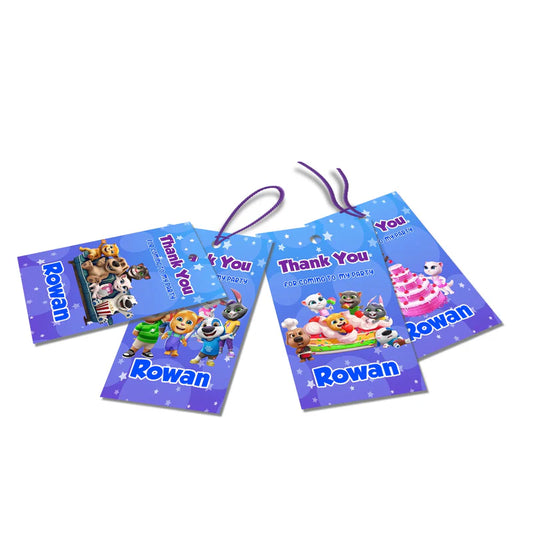 Talking Tom thank you tags with colorful character graphics and personalized name for party favors.