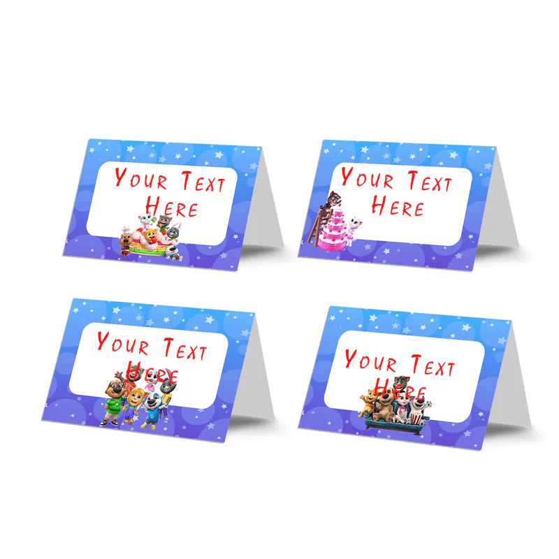 Talking Tom food cards with character accents and empty space for custom menu item labels.