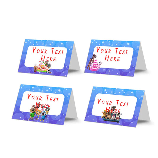 Talking Tom food cards with character accents and empty space for custom menu item labels.