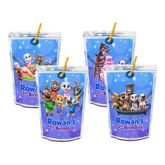 Talking Tom juice pouch label with festive character graphics and custom name for drink pouches.