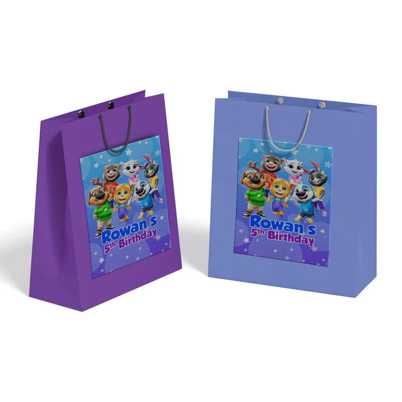 Talking Tom goodie bag label with character group shot and custom name for birthday gift bags.