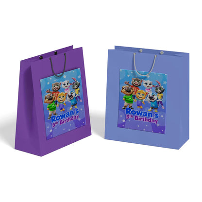 Talking Tom goodie bag label with character group shot and custom name for birthday gift bags.