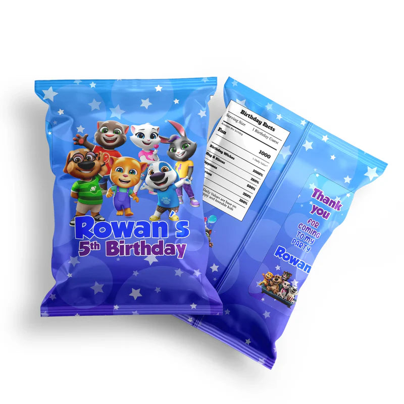 Talking Tom chips bag label with colorful character design and custom name on flat lay snack bag.