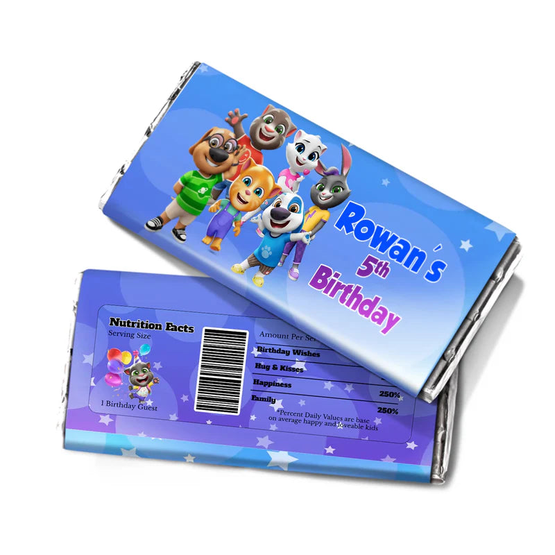Talking Tom chocolate label featuring character graphics and personalized name for candy bar wrappers.