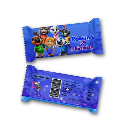 Talking Tom Rice Krispies treats and candy bar label set with character art and custom birthday text.