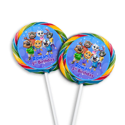 Talking Tom lollipop label with circular character portraits and personalized name for sweet treats.