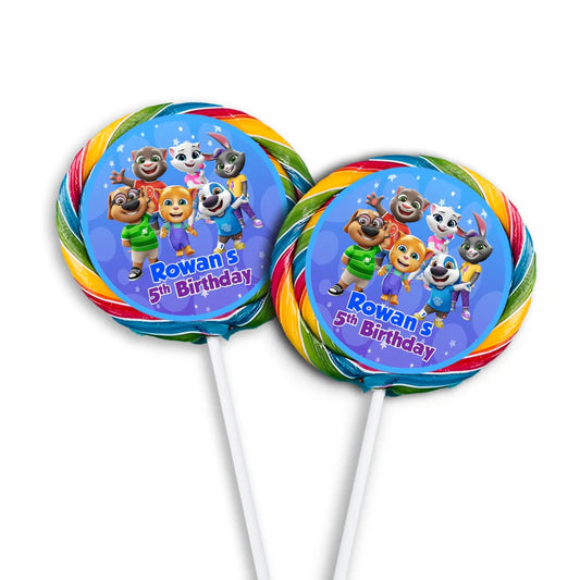 Talking Tom lollipop label with circular character portraits and personalized name for sweet treats.