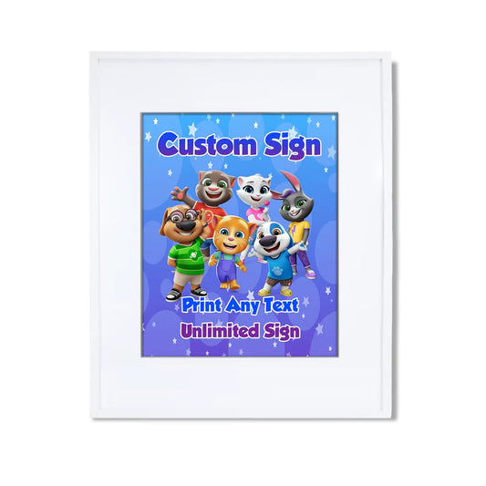Talking Tom custom sign with character border and personalized birthday message for party decor.