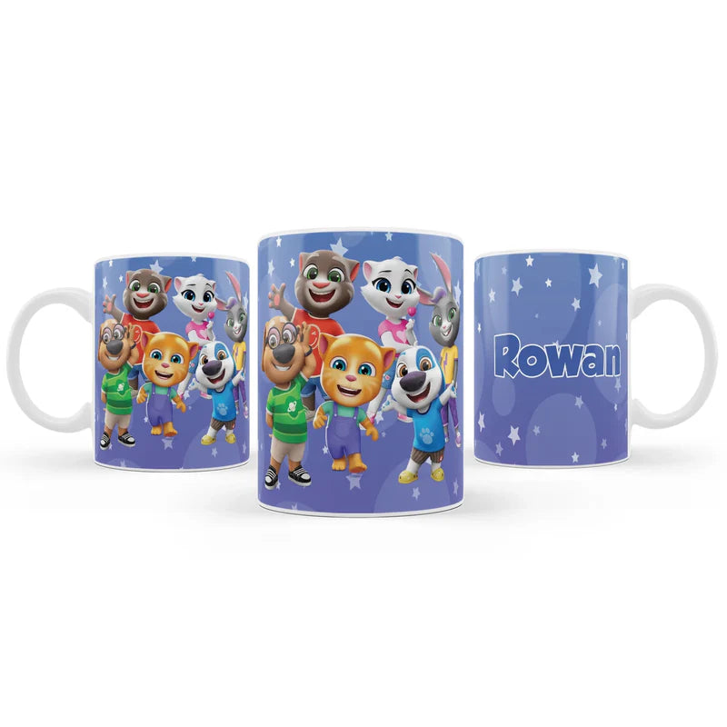 Talking Tom sublimation mug with character wrap design and personalized name on white ceramic.
