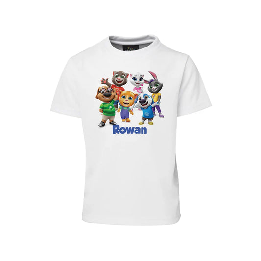 Talking Tom sublimation t-shirt with large character print and personalized name on white cotton.
