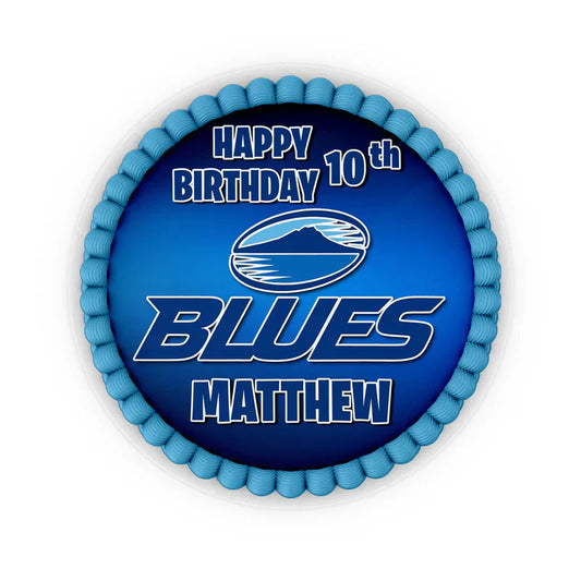 The Blues Rugby personalized edible icing cake images displaying a round rugby ball and team logo graphic layout in deep blue.