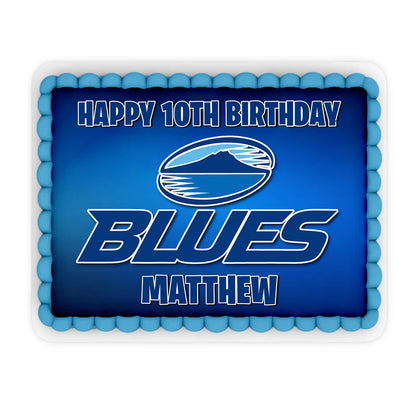 The Blues Rugby personalized edible sheet cake images showing a rectangular rugby field pitch pattern with custom text.