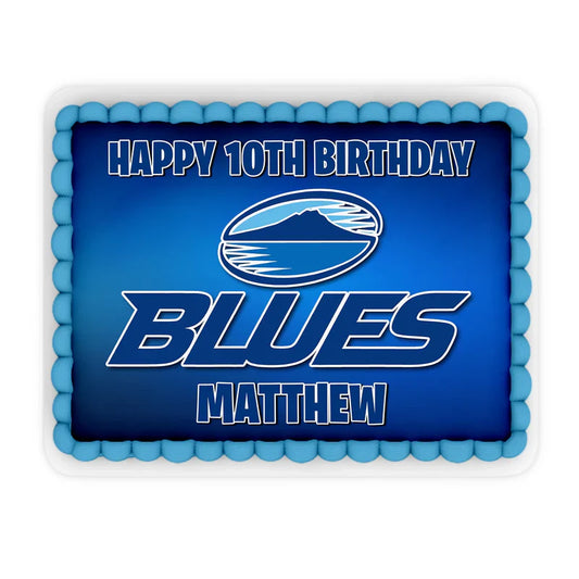 The Blues Rugby personalized edible sheet cake images showing a rectangular rugby field pitch pattern with custom text.