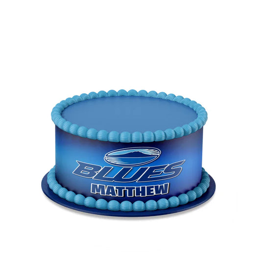 The Blues Rugby personalized cake strips image featuring navy blue and white athletic stripe patterns on a white background.