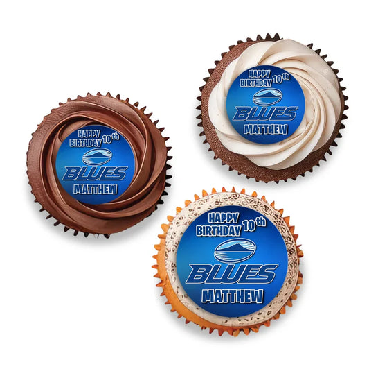 The Blues Rugby personalized cupcakes toppers featuring small round blue jersey graphics attached to small wooden picks.