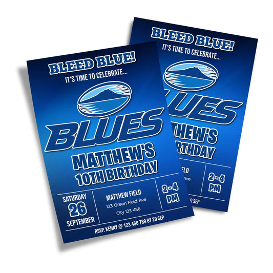 The Blues Rugby personalized birthday card invitations with a dark blue background, bold athletic font, and star accents.