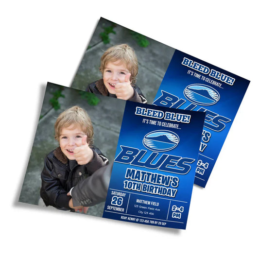 The Blues Rugby personalized photo card invitations showing a stadium match ticket template with a custom picture frame slot.