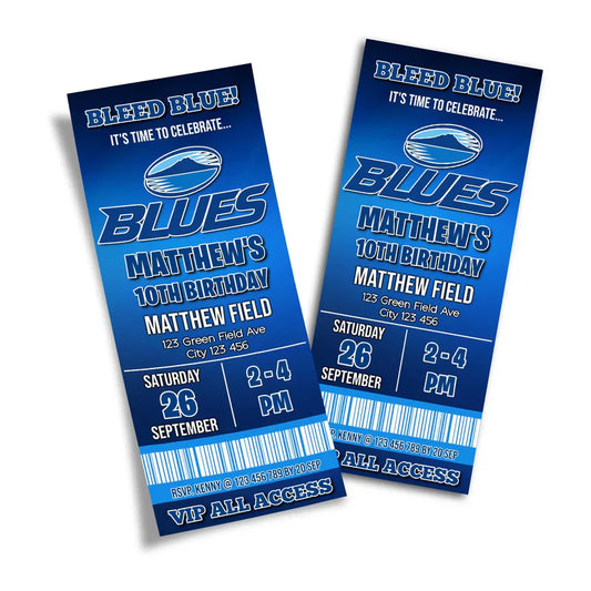 The Blues Rugby personalized birthday ticket invitations shaped like a grandstand admission pass with team blue borders.