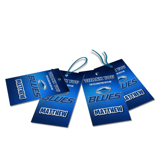 The Blues Rugby thank you tags featuring bold rugby ball patterns and blue block text on a textured card cutout.