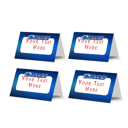 The Blues Rugby food cards showing  tented labels with stadium and goal post graphics over a dark blue border.