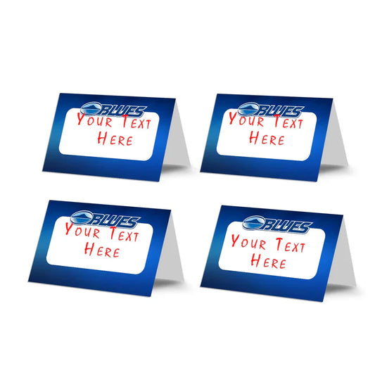 The Blues Rugby food cards showing  tented labels with stadium and goal post graphics over a dark blue border.
