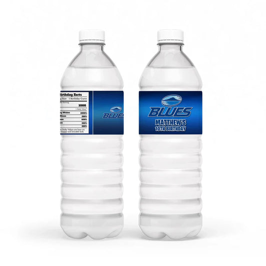 The Blues Rugby water bottle label wrap featuring blue athletic textures and bold white fonts on a plastic bottle mockup.