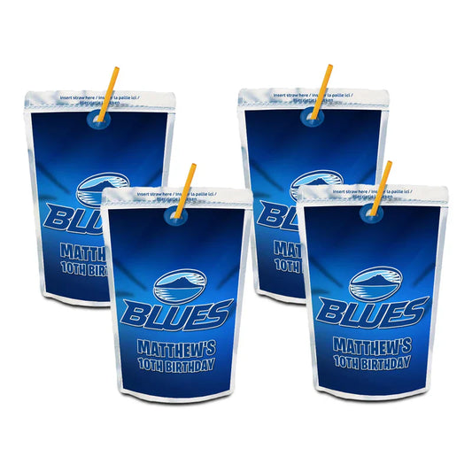 The Blues Rugby juice pouch label showing a rectangular graphic with custom greetings over a blue stadium light pattern.