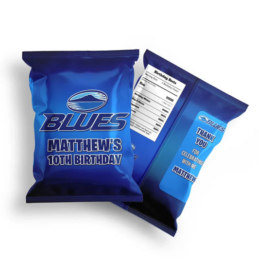The Blues Rugby chips bag label featuring a glossy custom snack wrapper template with blue stadium lights and rugby graphics.