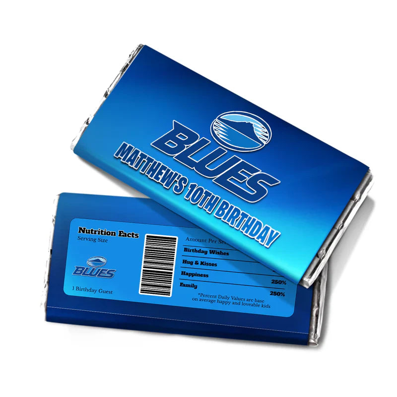 The Blues Rugby chocolate label wrapped around a standard candy bar showing custom text over a blue rugby pitch background.