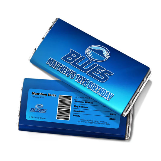 The Blues Rugby chocolate label wrapped around a standard candy bar showing custom text over a blue rugby pitch background.