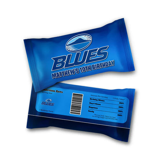 The Blues Rugby M&M Chocolate label showcasing a custom candy bag overlay with vibrant blue lettering and a rugby goal post.