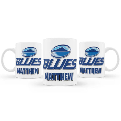 The Blues Rugby sublimation mug featuring a glossy white ceramic finish printed with a classic blue rugby jersey graphic.
