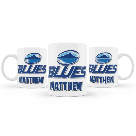 The Blues Rugby sublimation mug featuring a glossy white ceramic finish printed with a classic blue rugby jersey graphic.