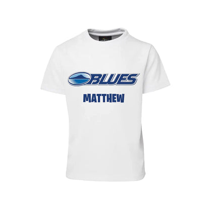 The Blues Rugby sublimation t-shirt displaying a white cotton graphic tee with a custom blue rugby player print layout.