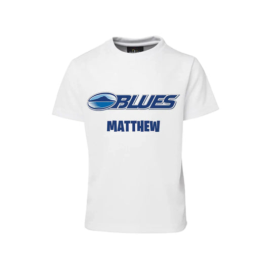 The Blues Rugby sublimation t-shirt displaying a white cotton graphic tee with a custom blue rugby player print layout.